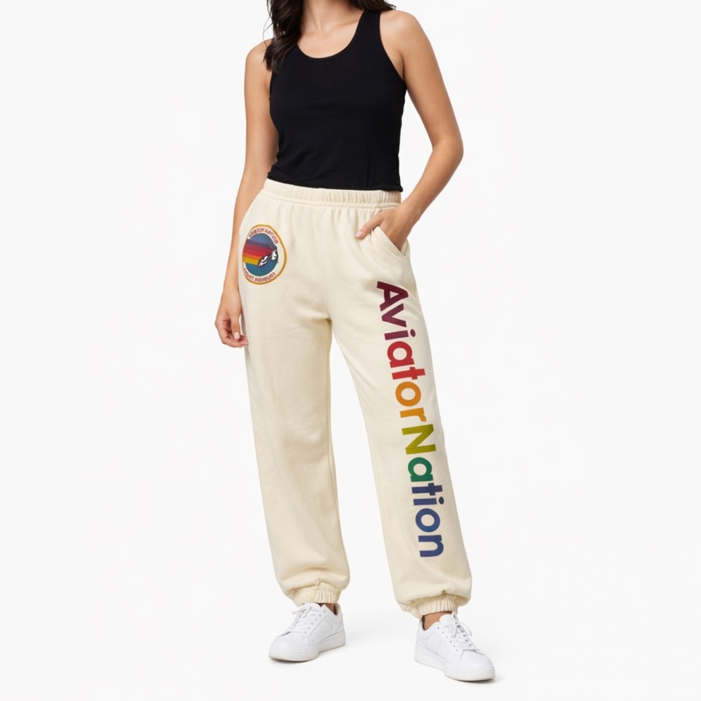 Aviator Nation Haight Ashbury Sweatpants Cream Rainbow Logo Relaxed Joggers M